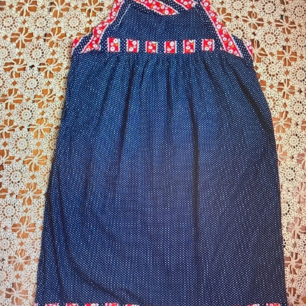 Vintage Navy Polka Dot Girls Dress with Red Floral Trim